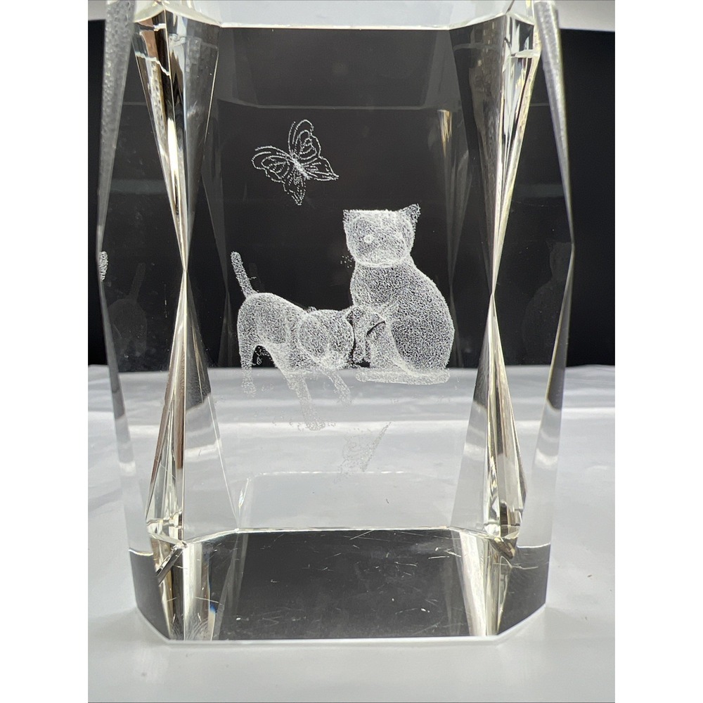 3D Laser Etched Art Crystal Glass Cube Cat Kitten Butterflies 3" Paperweight